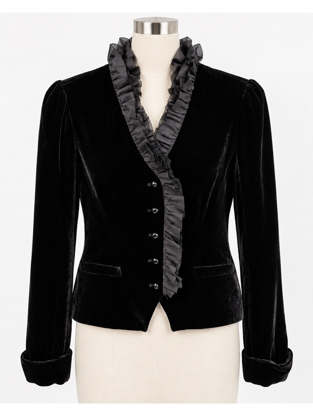 Lauren Ralph Lauren Black Velvet Silk Ruffle Riding Jacket Blazer Size 8P